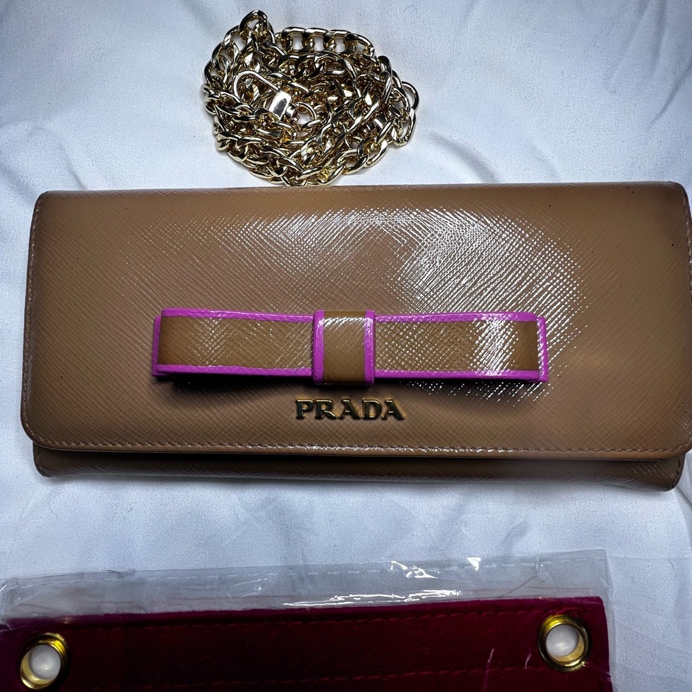 Prada Tan and Pink Leather Wristlet with Striped Bow